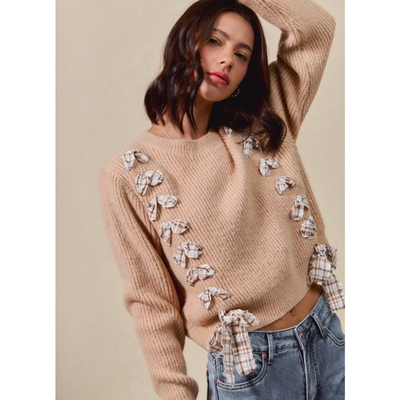 Women's So Me Beige Ribbed Sweater with Plaid Bows M - Picture 3 of 6